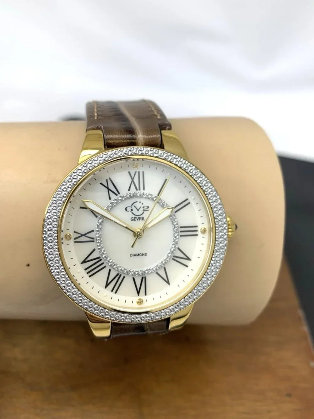 GV2 by Gevril Women's Watch 9142 Swiss Quartz Mother Of Pearl Dial Brown Leather